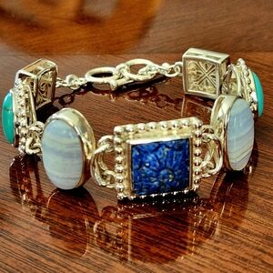 WHITNEY KELLY Carved Lapis, Blue Lace Agate, Turquoise & MOP Sterling Bracelet!
